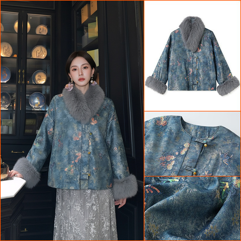 New Chinese-Style National Design Jacket for Women, Winter New Model with Sequin Embroidery, Thickened for New Year Celebrations Nz025