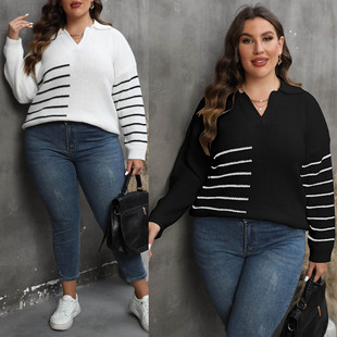 Women's Pullover Machine Knitwear Cross-Border European and American Plus Size Women's Autumn and Winter New Contrast Color Stitching Stripesd Polo Collar Sweater