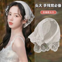 蕾丝发箍头巾一体法式三角巾包头方巾帽田园风压发卡头饰发带