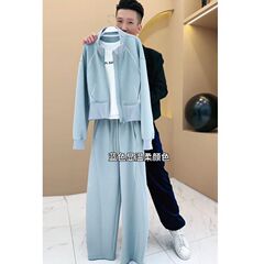简约大方休闲运动套装女2025秋新款欧货蓝色外套上衣阔腿裤两件套