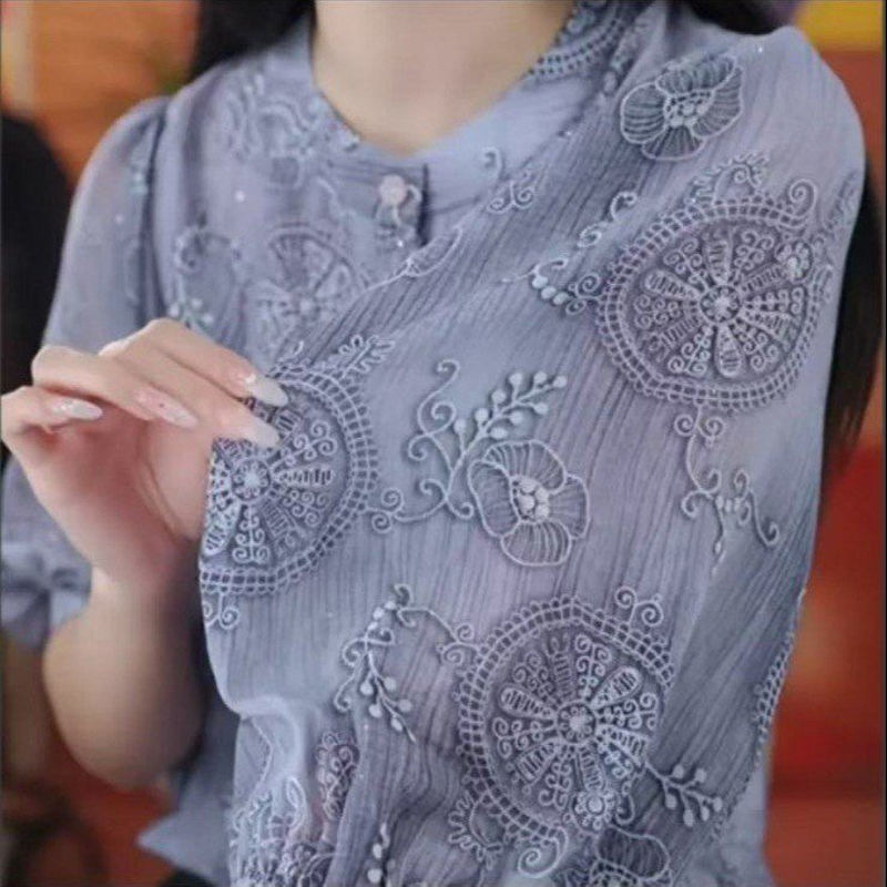 一件代发2025爆款高档妈妈装衬衫女夏季印花雪纺衬衣洋气薄款上衣|undefined