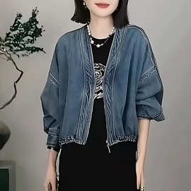 蓝色蝙蝠袖牛仔短外套女2026新款春季宽松休闲百搭感V领夹克