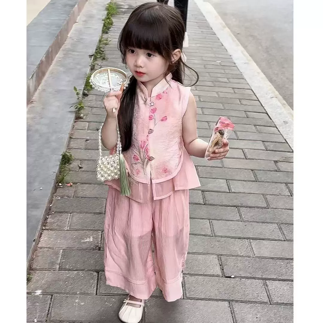 Персик! Новый китайский костюм для девочек летний новый национальный стиль чонсам жилет широкие брюки из двух частей 500519