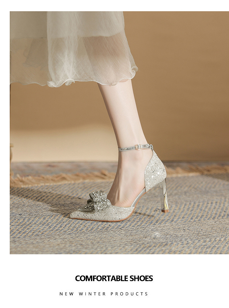 Giày cao gót nữ mũi nhọn nơ sequin gót nhọn CH8006-3 — Màu Sâm panh chi tiết 10