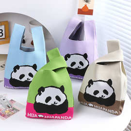 潮流手提袋新款手提包熊猫系列时尚网红伴手礼女针织毛线水桶包