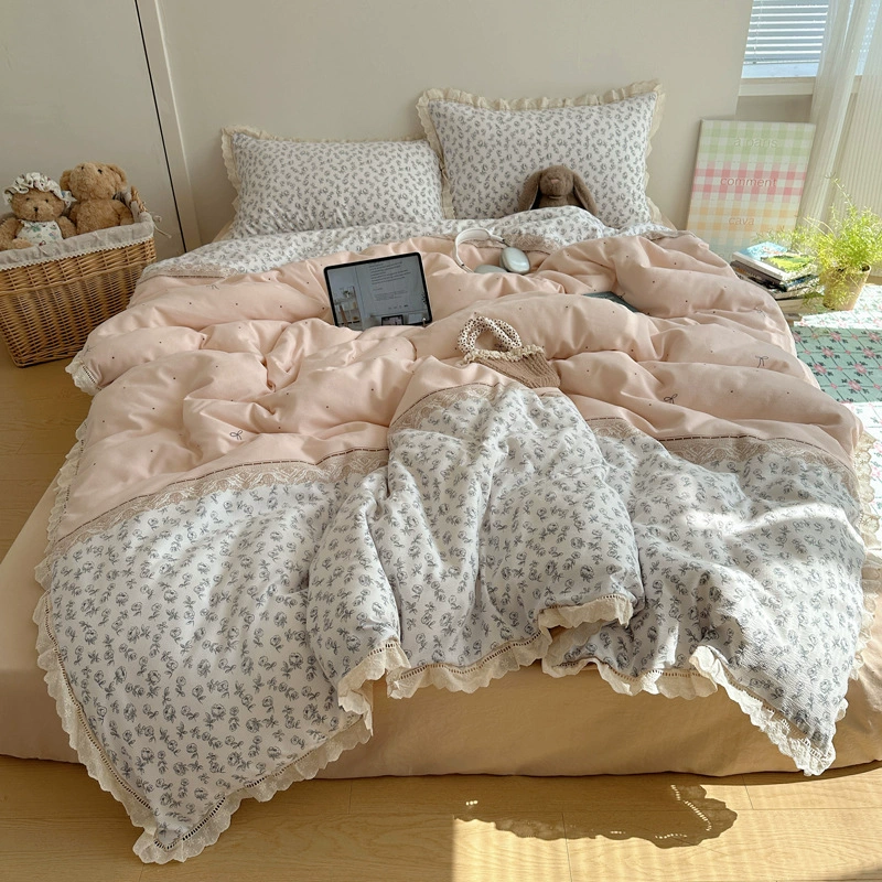 Комплект постельного белья из хлопчатобумажной ткани «сирсакер» с кружевом, 4 предмета, хлопковое полотно, супермягкий, для общежития, 3 предмета