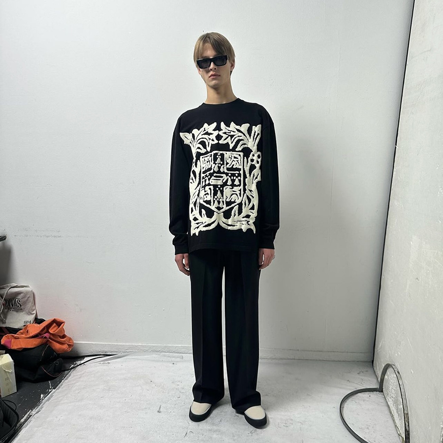 RHUDE logotipo espuma floral americana logotipo amplio suelto camiseta de mangas largas marcas de moda para hombres y mujeres calle alta