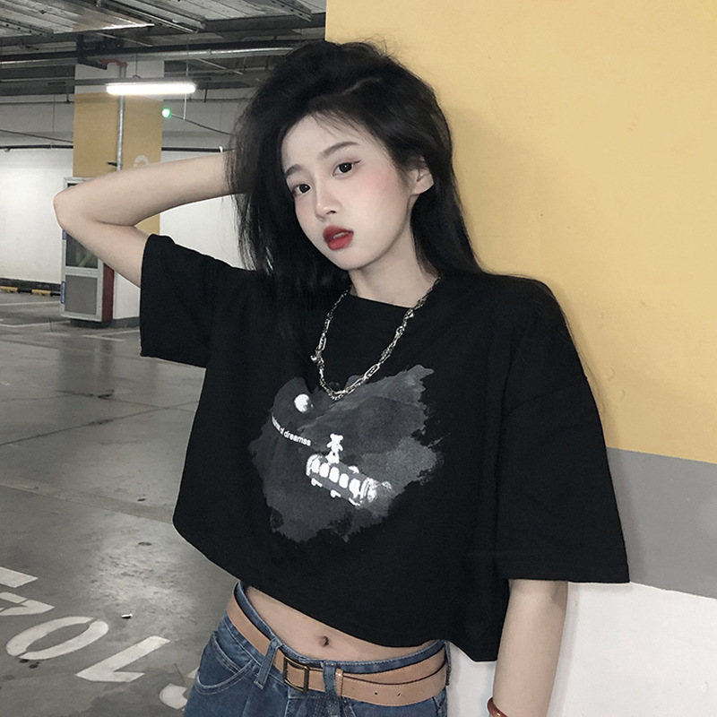 Hot Girl Style Student Top 2025 Summer New Fashion Chic Short Navel-Baring Short-Sleeved Black Bottoming T-Shirt for Women