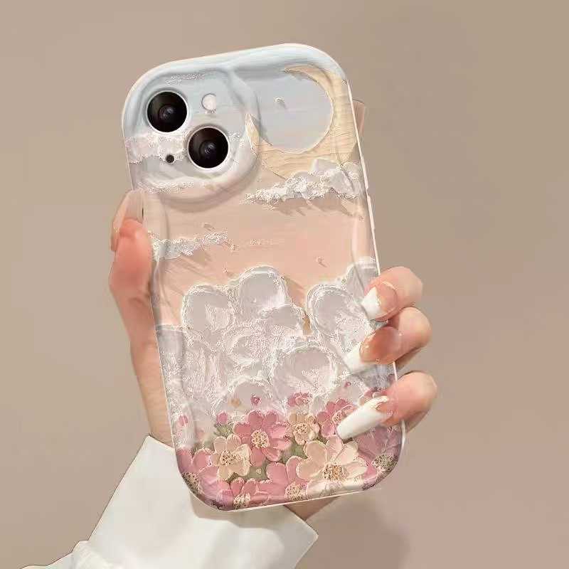 Pintura al óleo Flores en la nube Adecuado para iPhone 15promax Funda para teléfono móvil Apple 16 Anti-caída 14pro Japón y Corea 13/12