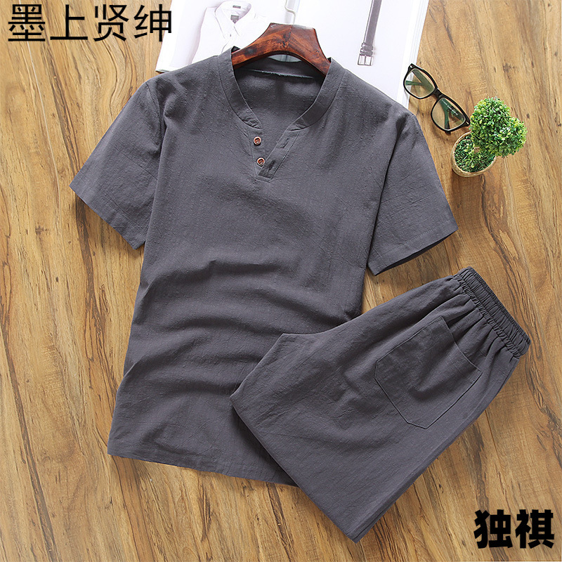 Camiseta de lino de manga corta traje deportivo de verano para hombre