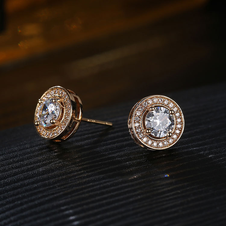 Copper Ear Needle Material Gold Plated Plating Material 1 Pair Simple Style Commute Round Plating Inlay Copper Zircon Gold Plated Ear Studs