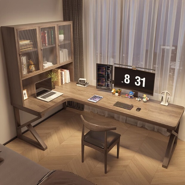 Solid Wood Computer Desk Corner Desk Bookcase Integrated Retro Style Children's Learning Table Writing Work L-shaped Desk