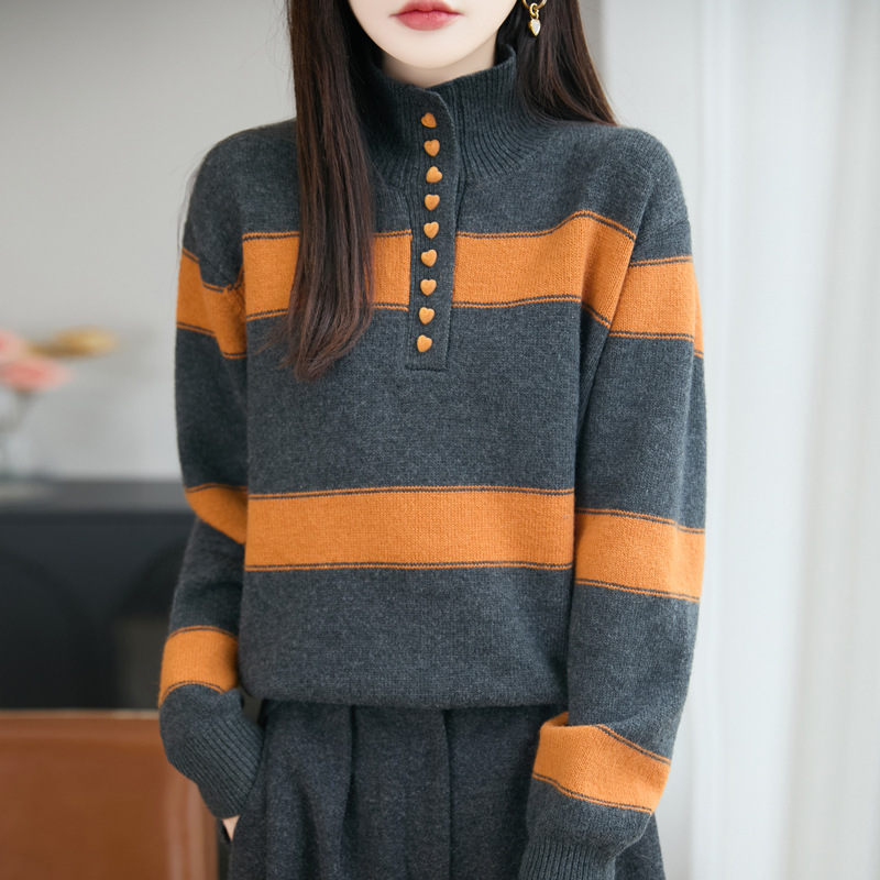Half-Open Collar Retro Stripesd Turtleneck Knitwear for Women in Autumn and Winter Loose Buttoned Outer Wear Loose Knitted Knitwear to Cover Belly Bottoming Shirt Half-Open Collar Retro Stripesd Turtleneck Knitwear for Women in Autumn and Winter Loose Buttoned Outer Wear Loose Knitted Knitwear to Cover Belly Bottoming Shirt