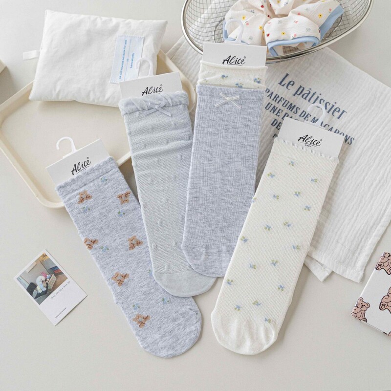 Alice's New Gray Bear Light-Colored Milk Blue Cute Sweet Embroidered Versatile Girl's Mid-Calf Socks Alice's New Gray Bear Light-Colored Milk Blue Cute Sweet Embroidered Versatile Girl's Mid-Calf Socks