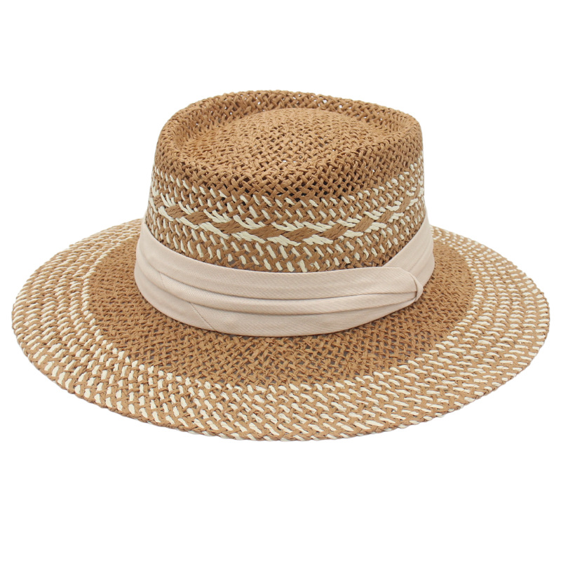 Women's Sweet Pastoral Color Block Straps Wide Eaves Straw Hat display picture 2
