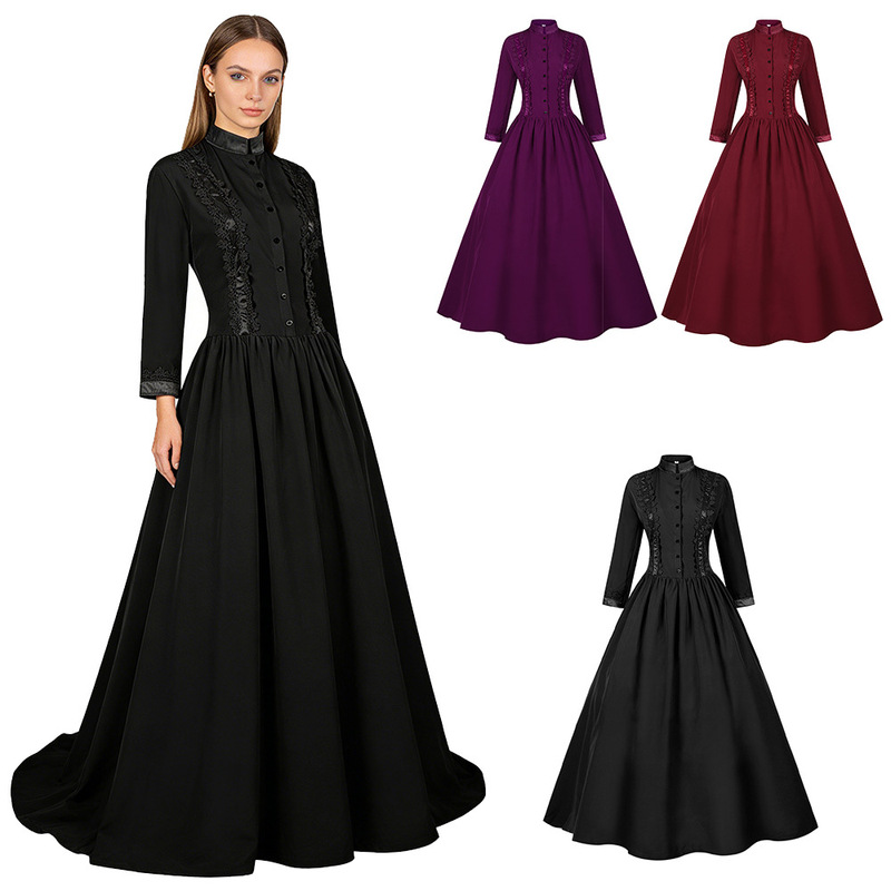 Hot-Selling Cross-Border Halloween Costumes for Women, Gothic Victorian Stand-Collar Long Dress, 3 Colors in Stock, Women's Dress