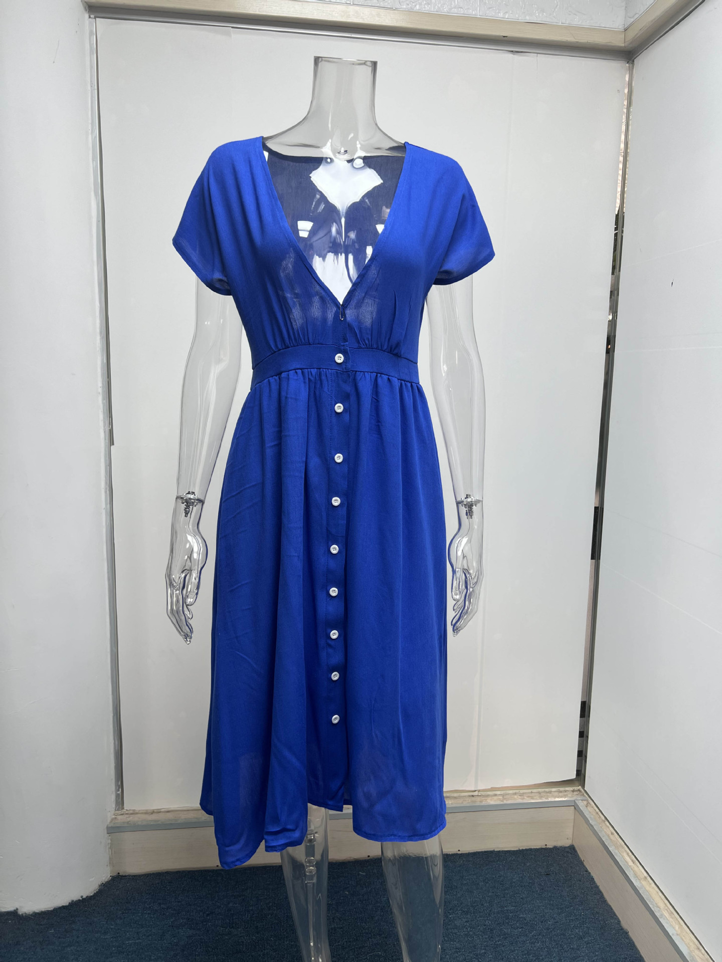 Summer Double Layer Tulle Solid Color Dress Women Deep V Plunge Short Sleeve Waist Controlled Maxi Dress