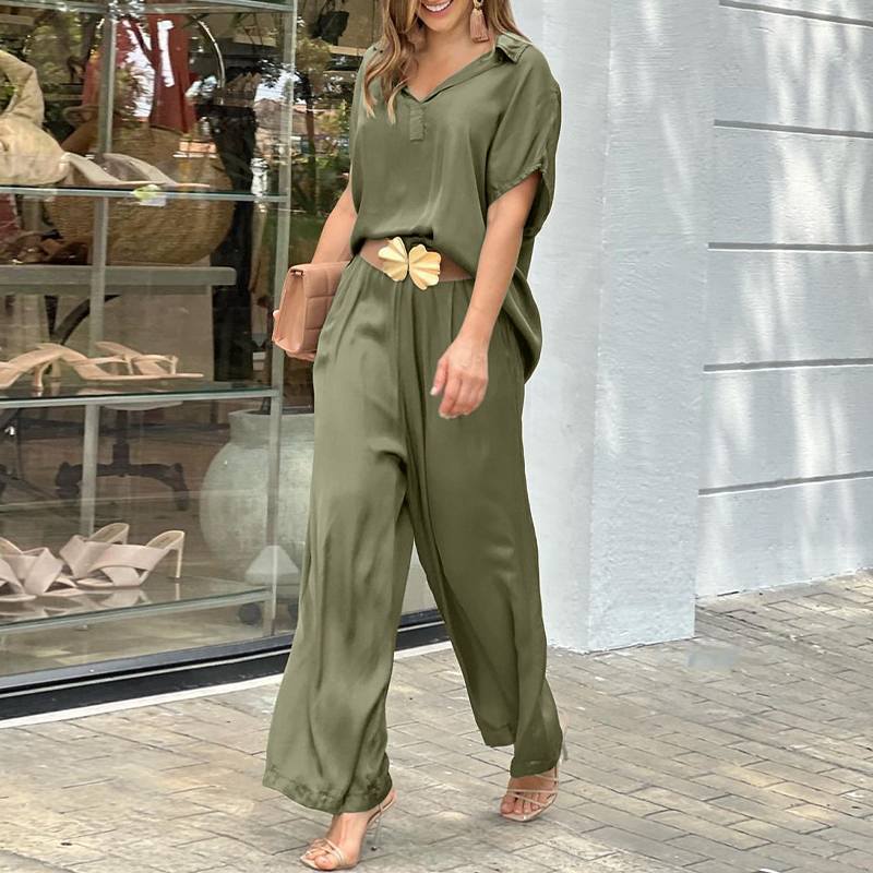 2 Pieces Set Quantity Daily Occasion Turndown Neckline Loose Fit Type Daily Women's Basic Classic Style Solid Color Polyester Blending Leisure Suit Pant Co-ord Set Pants Sets
