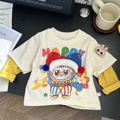 儿童纯棉长袖T恤2025秋季新款卡通玩偶可爱上衣男女童假两件T恤潮