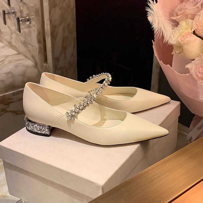 Ready in Stock and Shipped in Seconds~Rhinestone Chain Pointed Goatskin Thick Heel Mary Jane Shoes for Women New Commuter French Gentle Low Heel