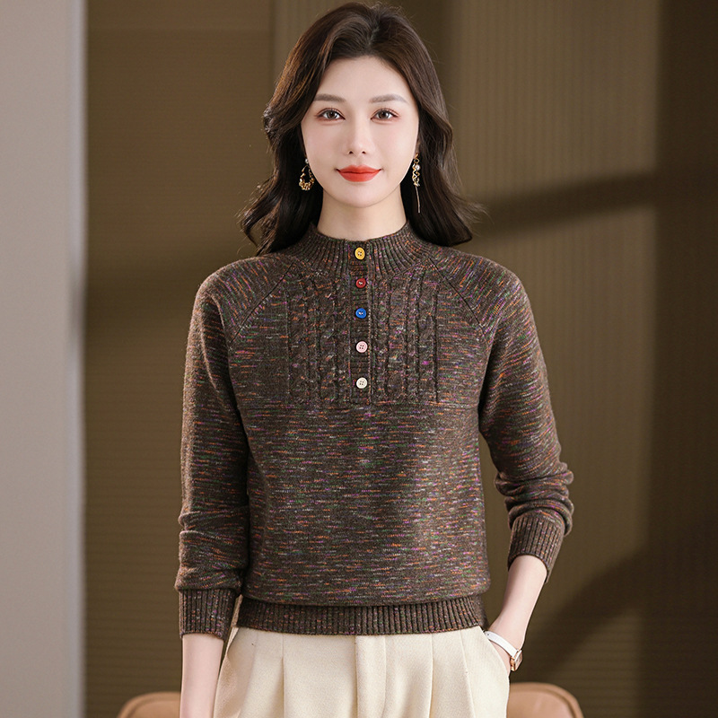 【厂家直供】春秋新款花色圆领针织短款女士毛衣宽松彩扣时尚打底，女装针织衫/毛衣，妃慕昵服饰