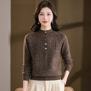【厂家直供】春秋新款花色圆领针织短款女士毛衣宽松彩扣时尚打底，女装针织衫/毛衣，妃慕昵服饰