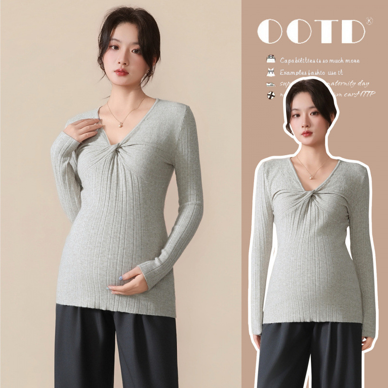 New autumn and winter collection for pregnant women: slim-fit, figure-flattering knit top, Korean-style versatile top, V-neck, twisted-knot design, elastic, and easy to match with other outfits