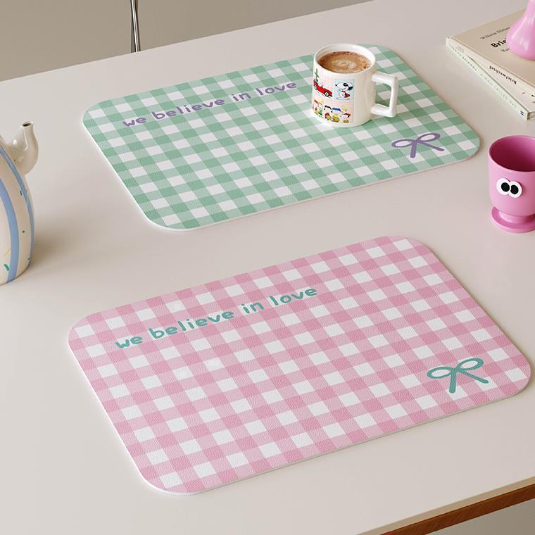 Insulated Desktop Mat with Bow, Waterproof, Washable Coaster, Placemat, Leather Coffee Oil-Proof Plaid Table Mat, Korean Style