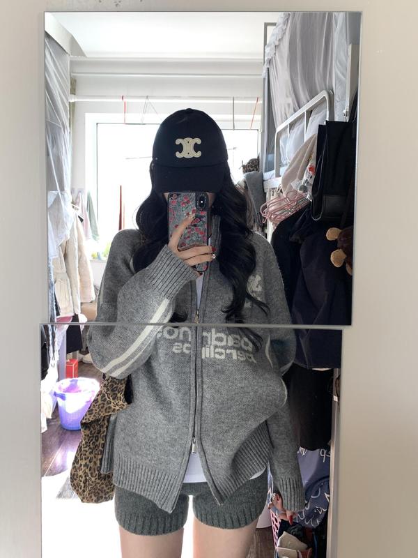 oversize！棒球风翻领拉链毛衣开衫女外套秋装新款韩版宽松针织衫|undefined