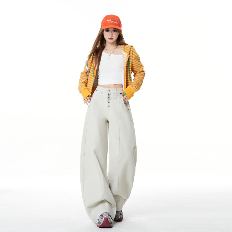 High-End Grayish White Five-Button Loose Wide-Leg Jeans for Women, Street-Style Distressed Single-Breasted Straight-Leg Floor-Length Pants