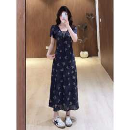 实拍～大码胖夏季新款古斜裁碎花茶歇收腰显瘦优雅连衣裙女薄纱