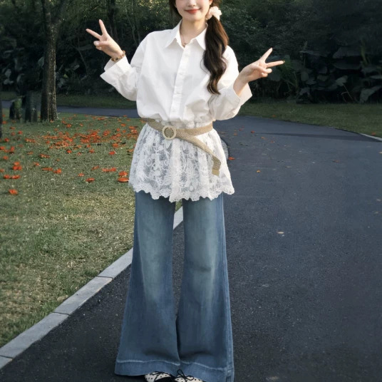 White Lace Patchwork Shirt for Women, 2026 New Style Blouse Jacket, Unique and Beautiful, Very Attractive with a High-End Feel