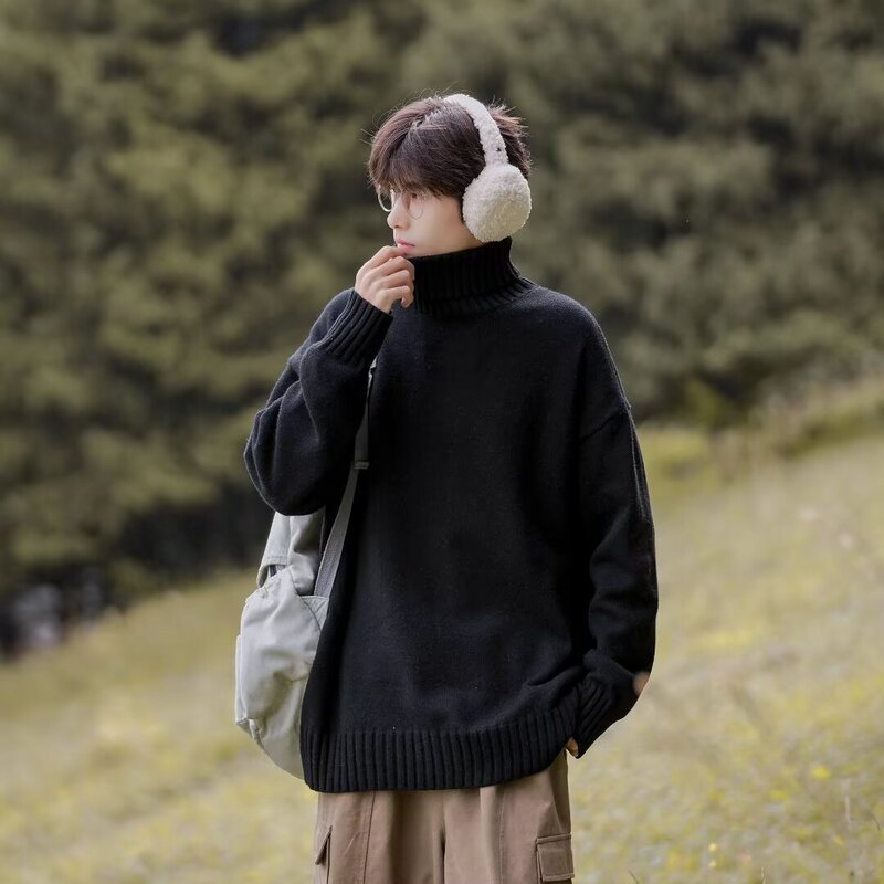 Solid Color Turtleneck Sweater Men's Winter Ins Trendy Brand Loose Inner Knitted Sweater Cold-proof Warm-keeping Casual All-match Top