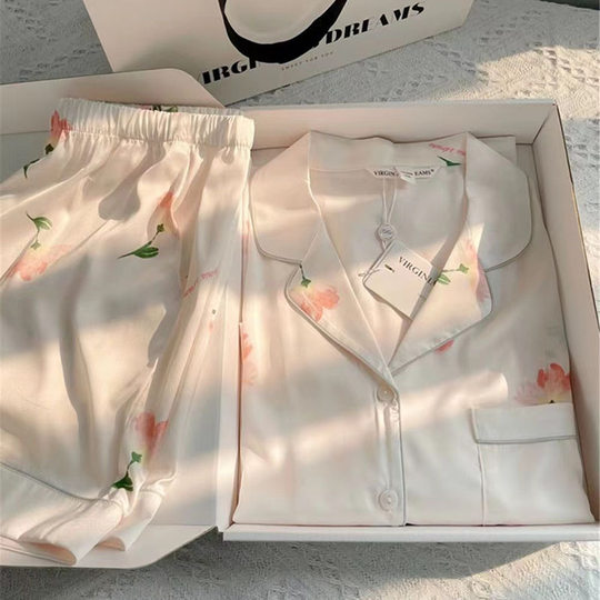 Pajamas Women's Spring and Summer Long-sleeved Ice Silk South Korea Pajamas Korean Style Light Luxury Lace Silk Thin Home Clothes suit