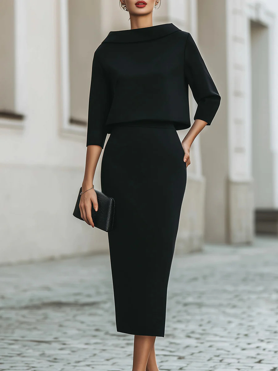 Elegantes Damen Set Mit Boot Ausschnitt Top Und Rock_voghion.com
