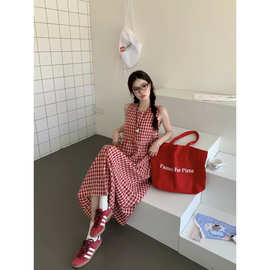 韩系红色格子开叉无袖连衣裙女遮肚子显瘦背心裙漂亮独特气质长裙