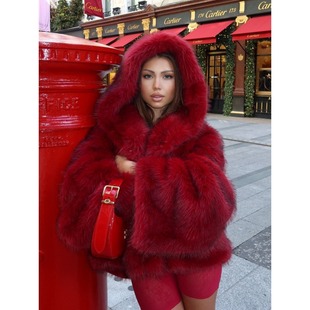 Solid Color Hooded Fur Jacket Cross-border European and American Faux Fur Eye-absorbing Warm Warm and Comfortable Fashion Fur