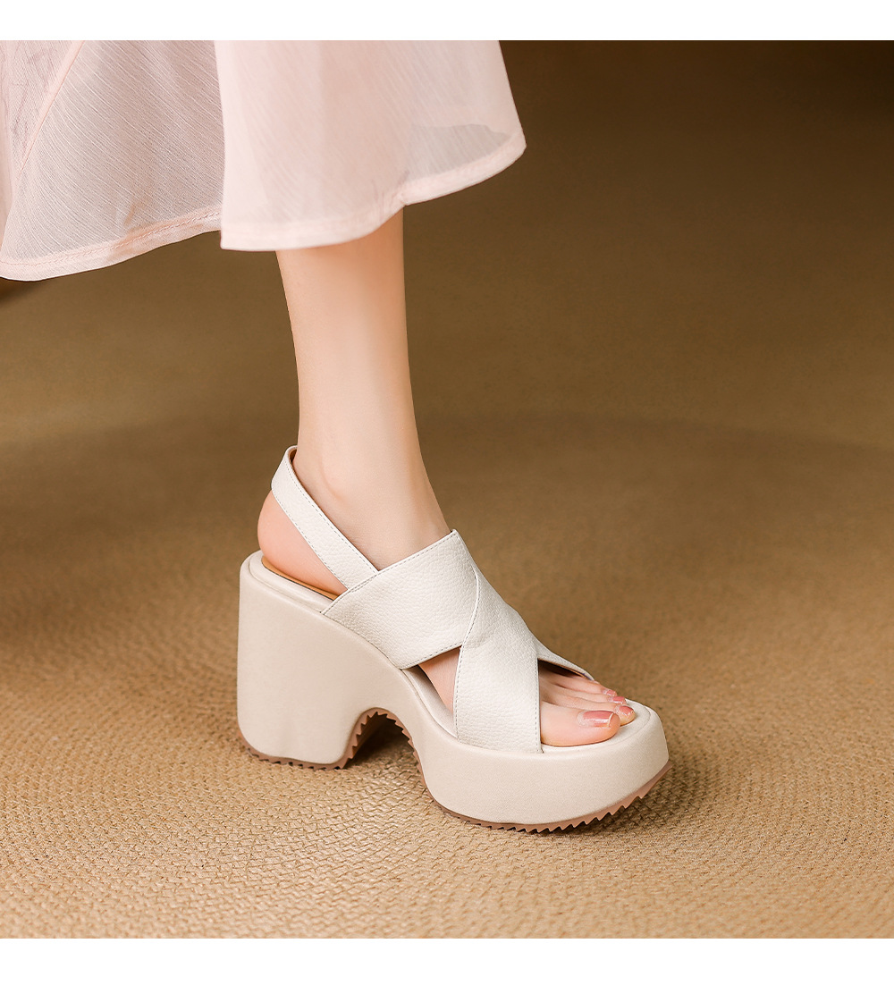 Sandal cao gót nữ hở mũi đế xuồng 10 cm da thật phong cách La Mã — màu trắng ngà, màu mơ chi tiết 8