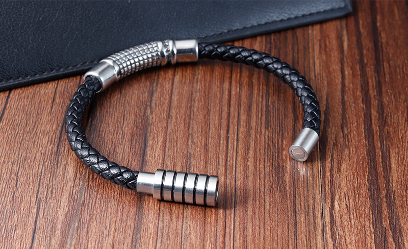 Leather Rope, Titanium Steel Chain Material Woven Chain Chain Type 1 Piece Quantity Retro Geometric Pu Leather Titanium Steel Polishing Men's Wristband Men Cord & Leather Bracelets
