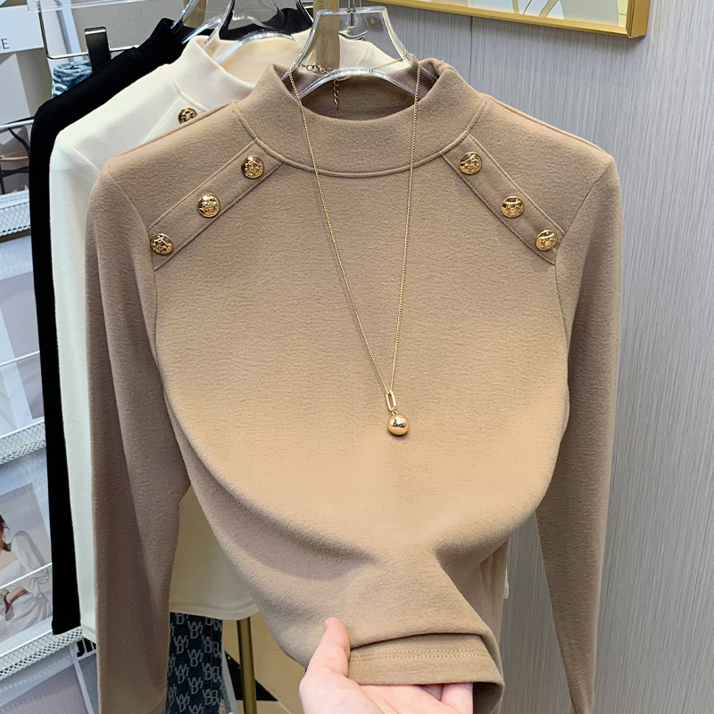 Camisa de fondo de terciopelo alemán con cuello medio alto para mujer 2024 nuevo estilo de otoño e invierno que se puede usar en el exterior, top de diseño de estilo occidental delgado image 1