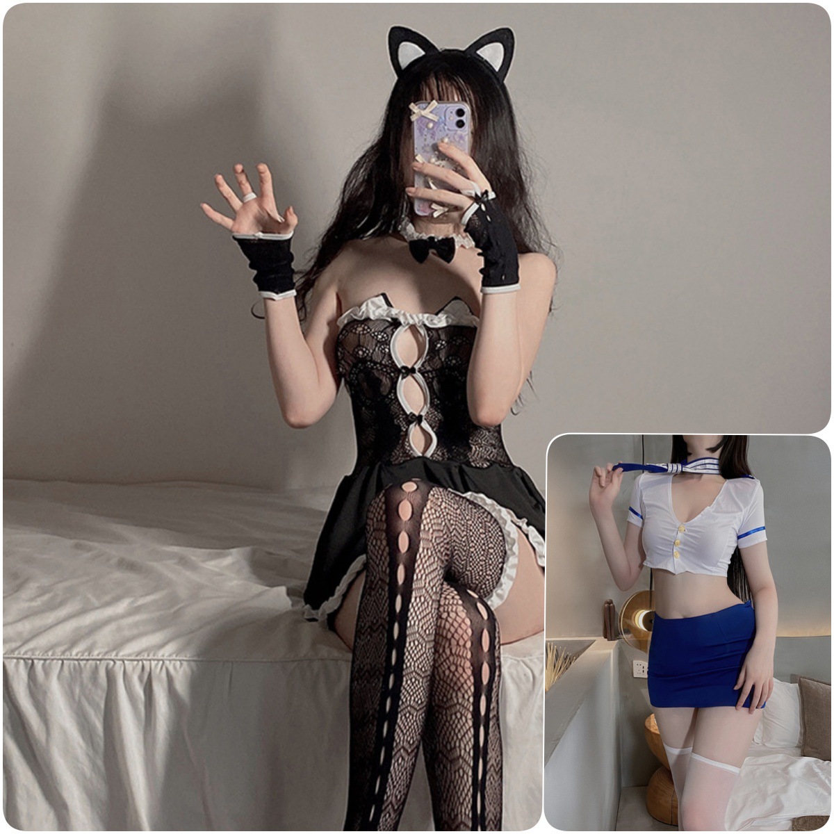 캣우먼 + 스튜어디스 의상 (흰색 스타킹 포함)