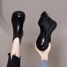 厚底短靴女2025秋冬新款圆头松糕底复古百搭小个子女靴加绒马丁靴