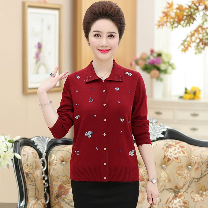 Тонкое пальто для мамы среднего возраста, весенне-осенний вязаный кардиган в западном стиле, большие размеры, топ с длинными рукавами для женщин среднего и пожилого возраста, верхняя одежда