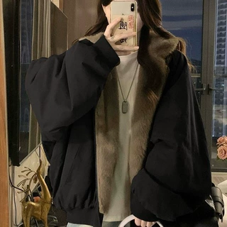 座山雕大码美式复古双面穿加绒连帽外套女冬季宽松保暖百搭上衣