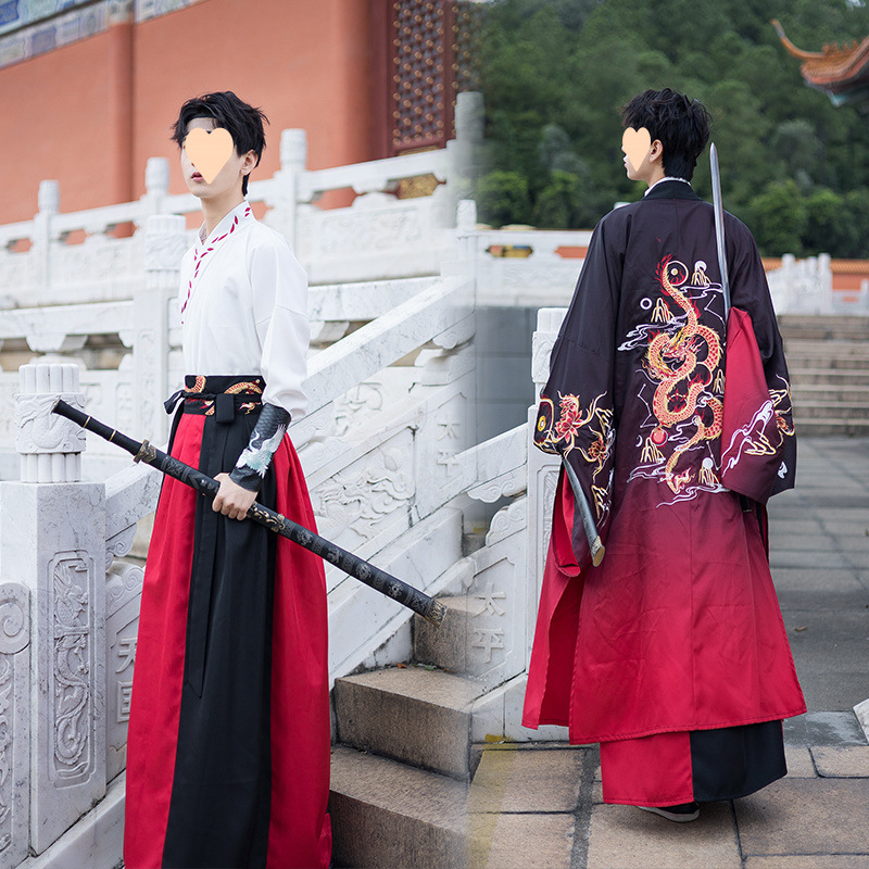 WEI와 JIN DYNASTIES 스타일 플러스 사이즈 골동품 한푸 남자 칼라 허리 스커트 RU 그라디언트 자수 골동품 캐주얼 데일리 세트