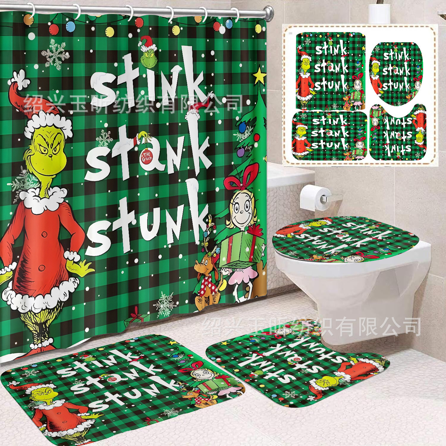 Tela de cortina de ducha transfronteriza, cortina de ducha impermeable, alfombra antideslizante de baño, juego de Grinch 4 de pelo verde al por mayor, sin perforación