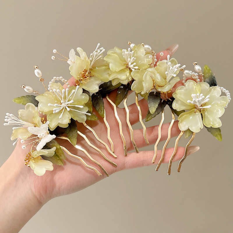 Peonía Peonía Peine Verde Fresco Peine Cheongsam Accesorios Peine Insertado Tocado Mujer Lado Fairy Beauty Bola Bola Accesorios para el cabello