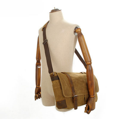 Retro canvas shoulder bag, casual cross-body bag for men, waxed waterproof canvas computer bag with crazy horse leather messenger bag wholesale