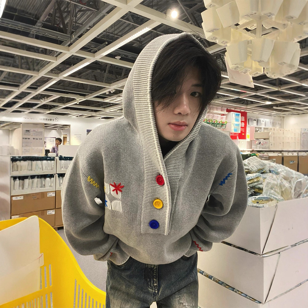 Gray American Retro Embroidered Hooded Sweater Men's Trendy Brand Lazy High-End Sweatshirt Knitwear Couple Jacket