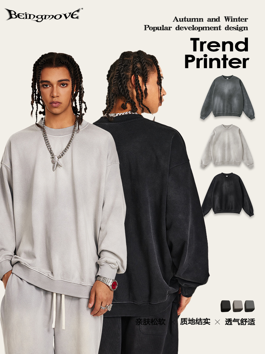 Impresora de marcas| 2025 otoño callejera original marca de agua lavado camiseta hombre oversize camisa de manga caída